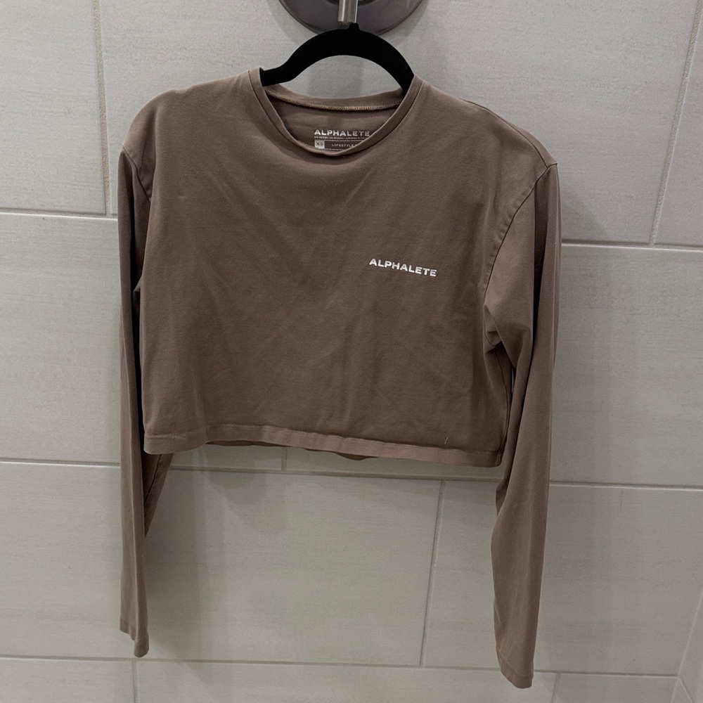 Alphalete Cropped Long Sleeve Tee in Taupe Brown